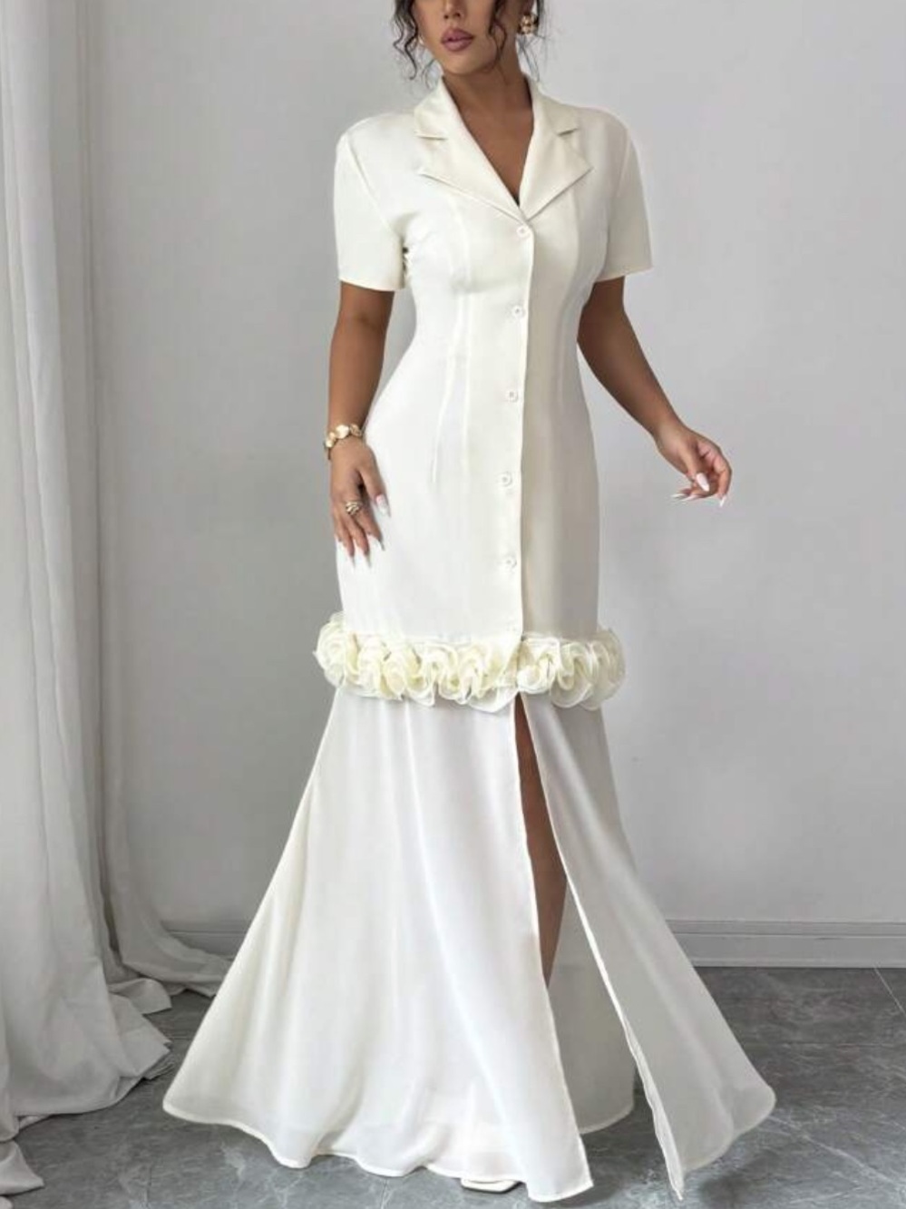Ivory Button-Front Maxi Dress with Rosette Trim - Picture 2 of 4